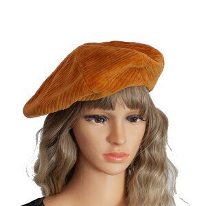Free People Corduroy Beret Hat Burnt Orange with Geometric Lined Interior